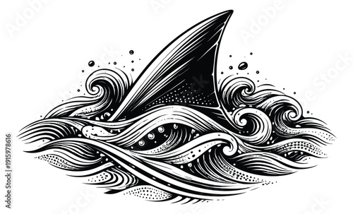 Hand drawn line art illustration of a shark fin depicting a menacing presence in ocean waves for marine life concepts