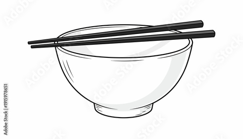 Simple White Bowl with Black Chopsticks Resting on Top, Minimalist Asian Food Utensils