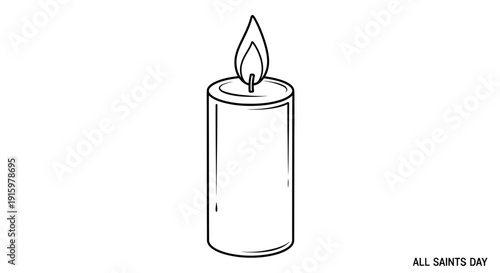 Single lit candle with flame, black and white illustration, All Saints Day symbol