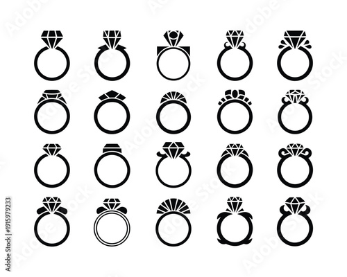 Engagement ring icon set, black and white vector collection of diamond ring glyph illustrations in multiple styles, wedding jewelry symbols for love, proposal concepts, romance branding, 