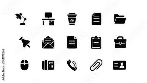 Clean solid icon collection including office supplies, email, folders, documents, computer devices, and communication tools.