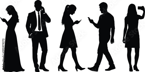 Set of people silhouettes using mobile phones and smartphones including men and women walking standing and taking selfies