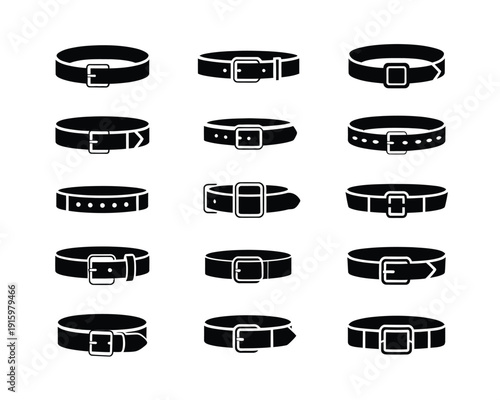 Leather belt silhouettes, extensive black vector illustration set featuring diverse belt designs and multiple buckle styles for fashion and apparel projects.
