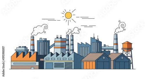 Modern industrial factory complex with smoking chimneys under the sun.