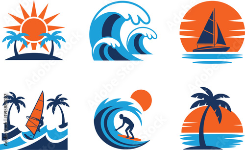 Tropical summer beach vector icon set, sailing ships, ocean waves, palm trees, sun, and island travel elements for vacation, tourism, nature themes, seaside design, and tropical destination graphics