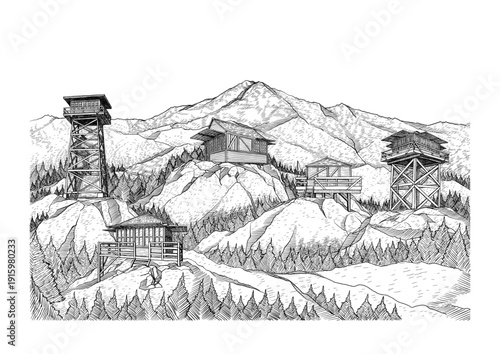 Mountain Fire Lookout Cabin Line Art Vector Illustration