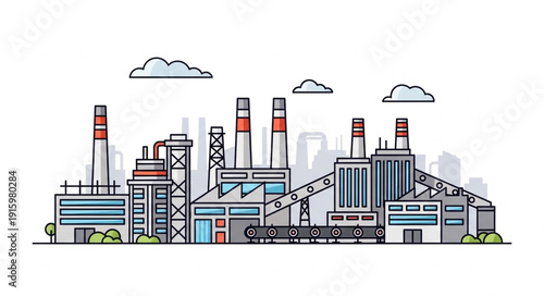 Modern industrial factory complex with smokestacks and buildings.
