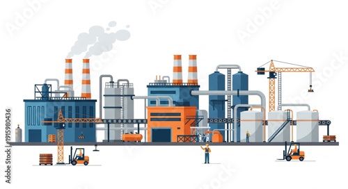 Modern industrial factory complex with smokestacks and cranes.