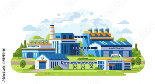 Modern industrial factory complex with smokestacks and pipelines.