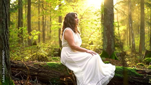 Woman in White Dress Sitting on Log in Forest.