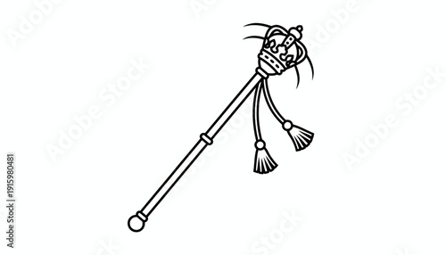 Royal Scepter with Crown and Tassels, Symbol of Power and Authority, Line Art