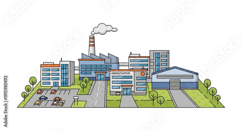 Modern Industrial Factory Complex with Smoking Chimney and Parking Lot.