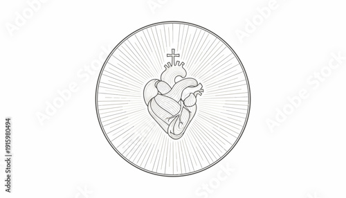 Sacred Heart Symbol with Rays and Cross in Circle, Religious Iconography