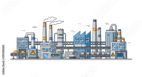 Modern industrial factory complex with smoking chimneys and conveyor belts.