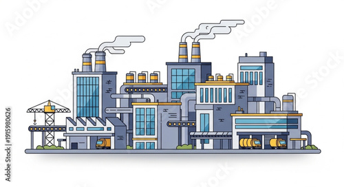 Modern industrial factory complex with smoking chimneys and large windows.