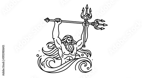 Neptune, God of the Sea, Rises from Ocean Waves with Trident, Line Art Illustration