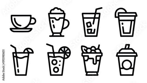 Charming vector icon set for a cafe menu, featuring coffee cups, pastries, and kitchen essentials. Whimsical flat design perfect for food service branding and digital menus.