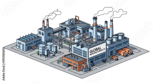 Modern industrial factory complex with smoking chimneys and machinery.