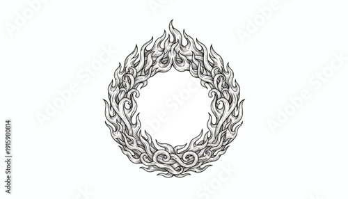Ornate Fire Wreath Emblem, Swirling Flames, Decorative Border, Black and White Illustration