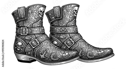 Ornate Pirate Boots with Skulls and Anchors - Detailed Engraving Style