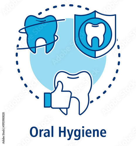 Oral Hygiene blue concept icon with Flossing, Dental Protection, Healthy Teeth.