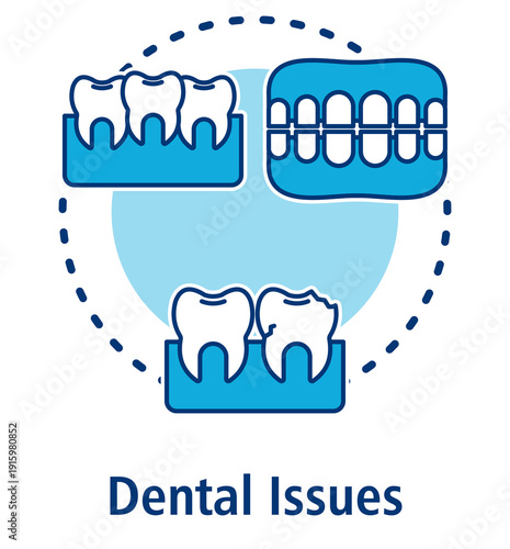 Dental Issues blue concept icon with Crowded Teeth, Spacing, Dental Irregularities.