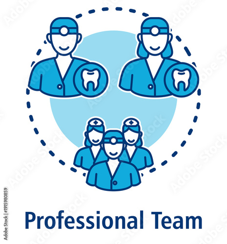 Professional Team blue concept icon with Male Orthodontist, Female Orthodontist, Medical Team.