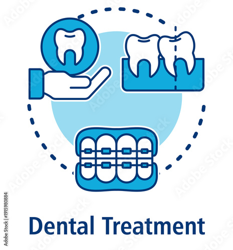 Dental Treatment blue concept icon with Treatment, Straighten, Braces.