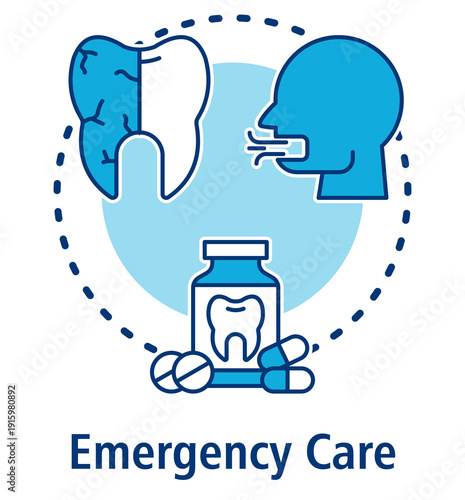 Emergency Care blue concept icon with Decay, Bad Smell, Painkiller.