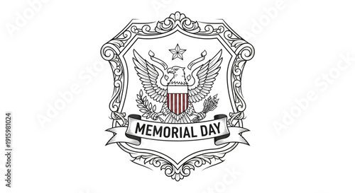 Memorial Day Emblem with American Eagle and Shield - Vintage Sketch Style