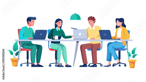 Diverse team collaborating at a table with laptops. Modern flat vector illustration of business professionals working together in a clean office style, perfect for corporate design projects
