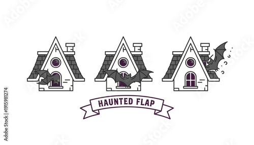 Haunted House with Bats Flying Out, Halloween Illustration