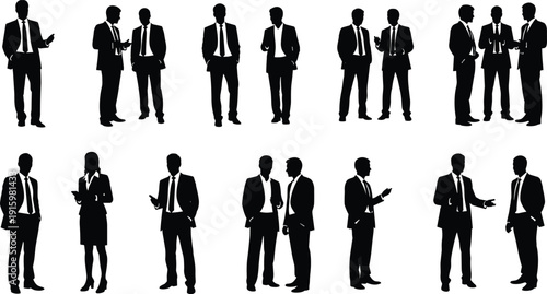 Business people silhouettes set showing professional men and women discussing, networking and communicating, representing corporate teamwork, leadership, negotiation and modern office interaction