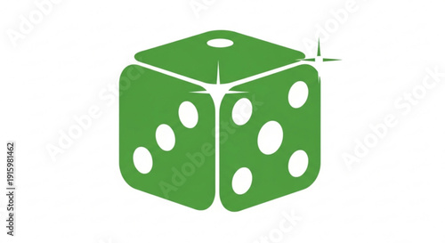 Green dice with white dots and sparkle on plain background for chance and luck concepts