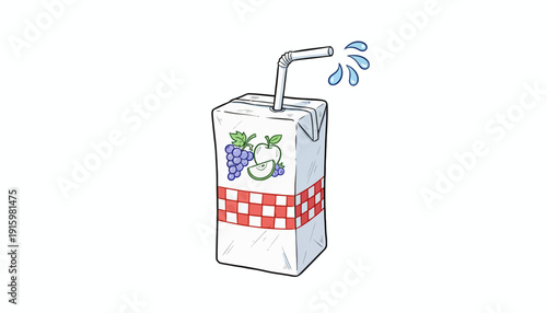 Juice box with straw, splashing liquid, fruit illustration, checkered pattern