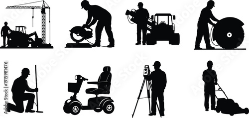Construction worker silhouettes set showing industrial machinery, tools, surveying and maintenance activities representing building, engineering, roadwork and heavy equipment labor concept