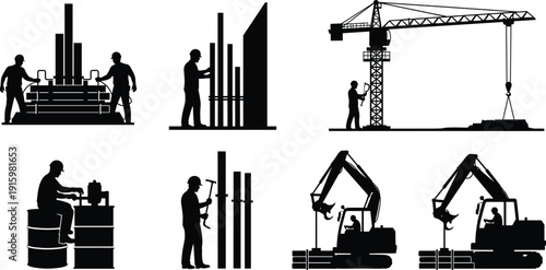 Industrial construction silhouettes set showing workers, cranes, excavators and heavy machinery activities, representing building process, engineering operations, infrastructure development 