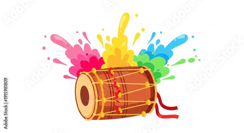 Vibrant dholak drum illustration with colorful paint splatters and straps on white background