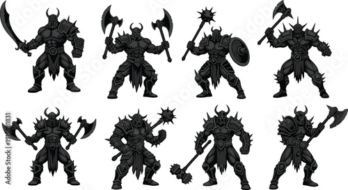 Set of dark fantasy warrior silhouettes with heavy armor and weapons showing powerful battle stances, medieval combat characters, and game art concepts isolated
