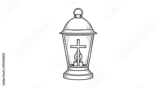 Grave Lantern with Cross and Flame, Funeral Memorial Light, Black and White Sketch