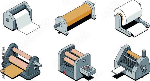 Set of paper roll machines and industrial processing equipment including laminating rollers, cutting devices and manufacturing tools isolated vector illustration for packaging production workflow