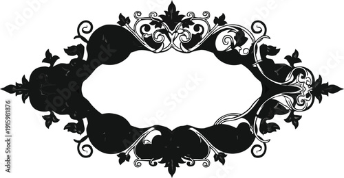 Floral frame vector in black and white, with elements and silhouettes of swirling leaves for bed decoration