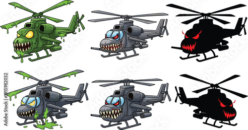 Set of scary cartoon attack helicopter characters with monster faces showing fantasy military aircraft, horror game assets, aggressive combat vehicles isolated on white background