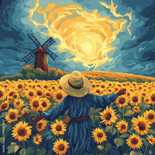Whimsical Scarecrow in Vibrant Sunflower Field Facing Dramatic Storm Clouds and Windmill - Surreal Countryside Illustration , vector style simple color