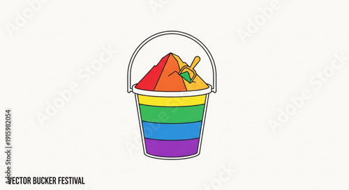 Rainbow colored bucket with shaved ice and spoon in a minimalist line art style