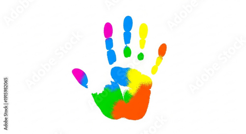Colorful handprint with vibrant paint on white background symbolizing creativity and art