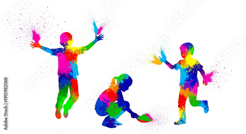 Colorful silhouettes of people playing with vibrant powder paint in dynamic poses against white background