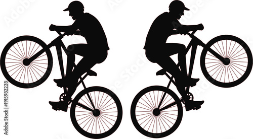 Black and white vector silhouette set of two male cyclists performing dynamic wheelie stunts on mountain bikes isolated on white background