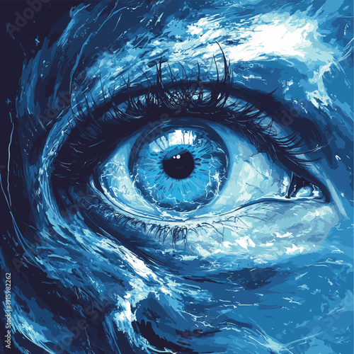 Surreal hurricane eye over Earth with blue human eye vortex symbolizing climate change surveillance and powerful nature concept , vector style simple color