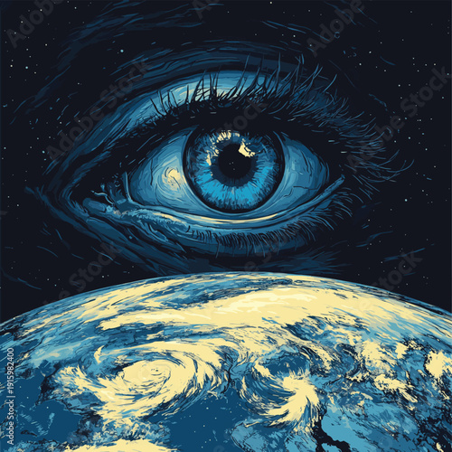 Surreal hurricane eye over Earth with blue human eye vortex symbolizing climate change surveillance and powerful nature concept , vector style simple color